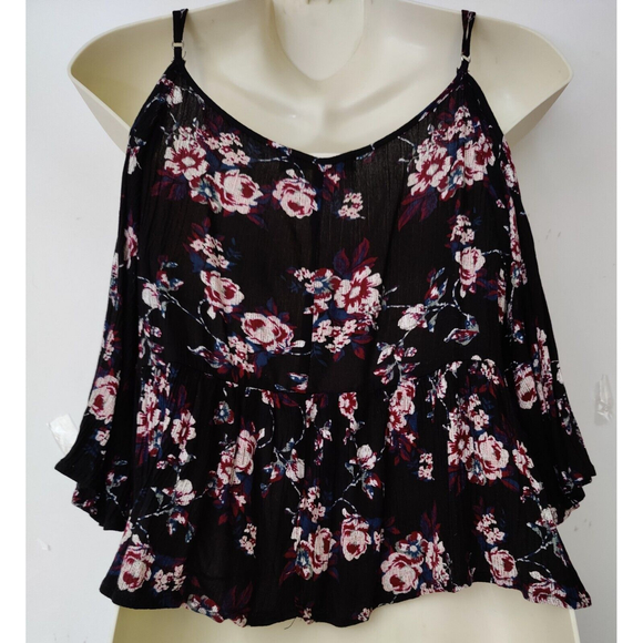 Chloe & Katie Womens Cold Shoulder Black Floral Blouse Short Sleeve Rayon SZ SM - Picture 6 of 9